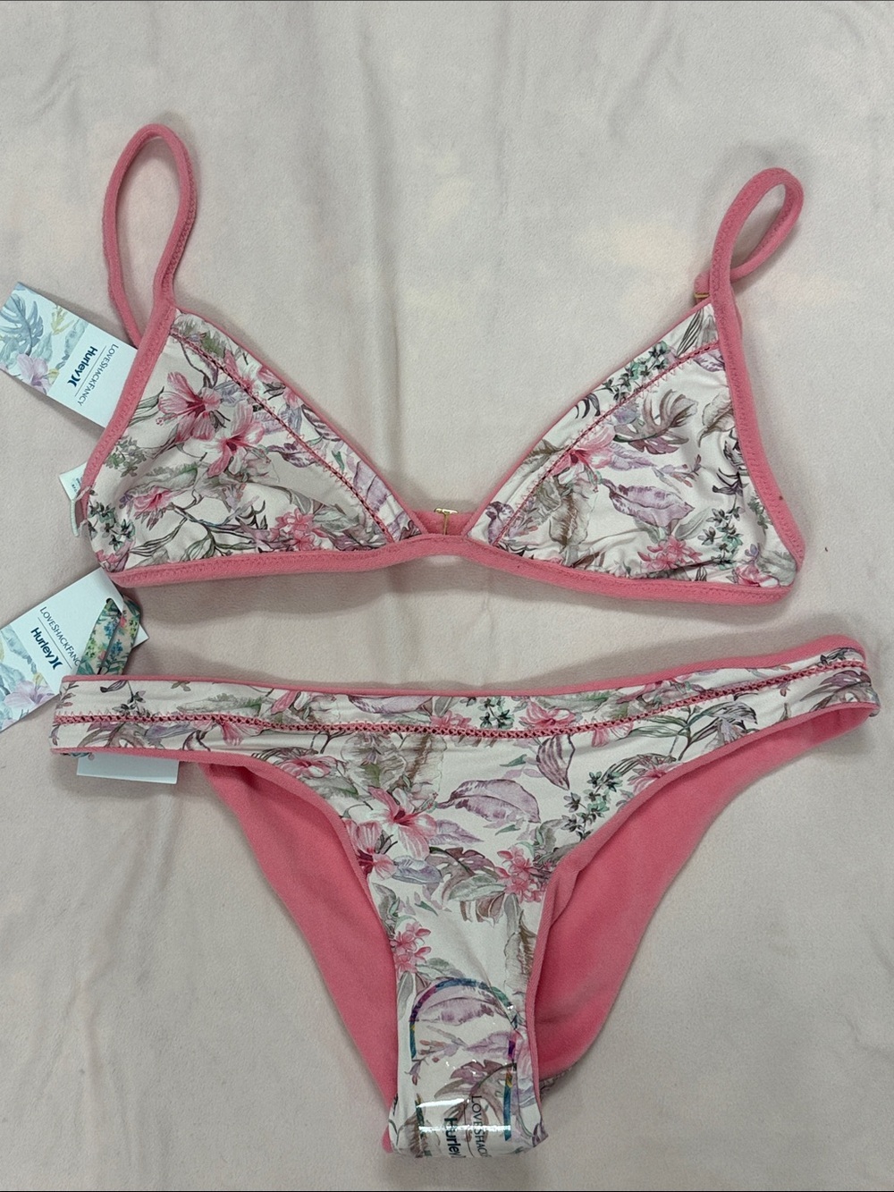 LoveShackFancy Hurley Pink Floral Reversible Bikini Set NWT